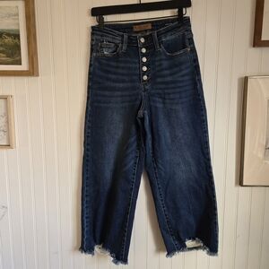 Judy Blue High-Waisted Button Fly Cropped Wide Leg Blue Denim Jeans